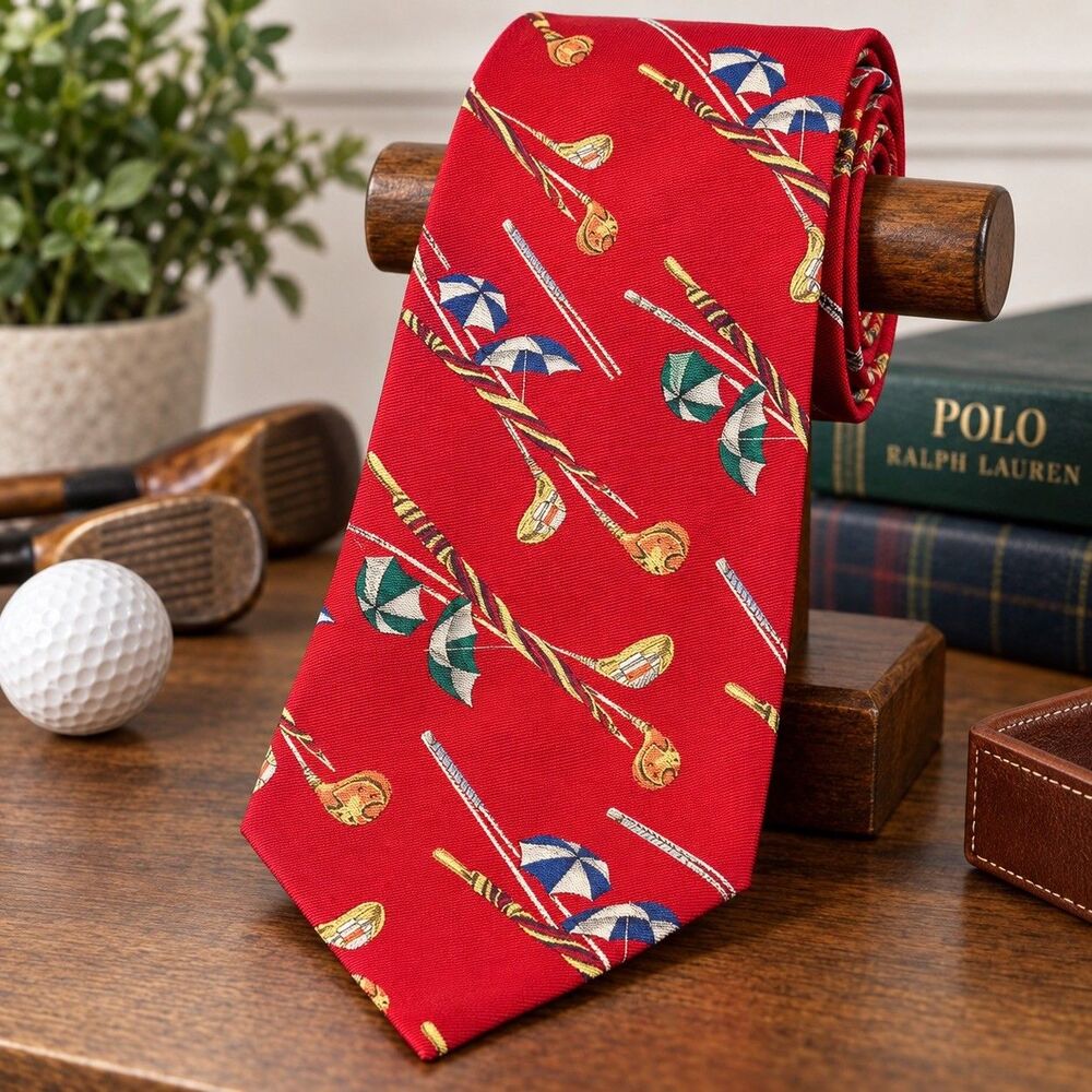 Vintage Polo Ralph Lauren Men's Silk Made USA Golf Clubs Handmade NeckTie 57L 4W